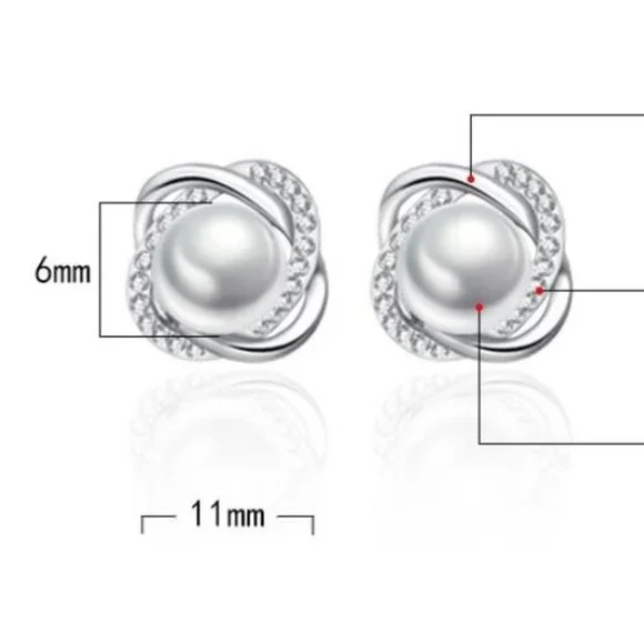 925 Sterling Silver Pearl Diamond Stud Earrings - Picture 6 of 6